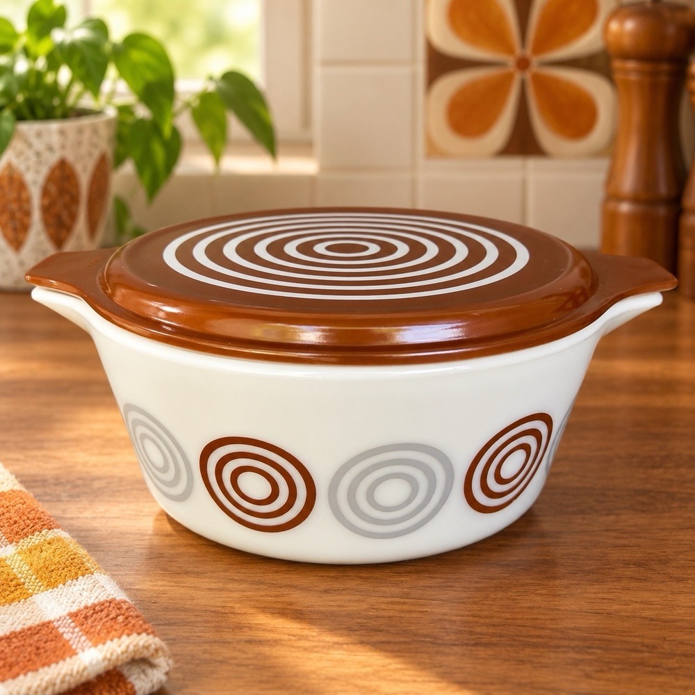 VTG 1973 Pyrex Salton Cosmopolitan Bullseye 475 2.5 Qt Casserole Dish With Lid